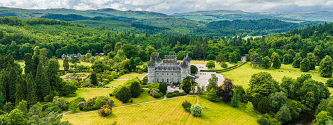 Inveraray Castle from a drone, Clan Campbell, Loch Fyne, Argyll, Scotland, UK